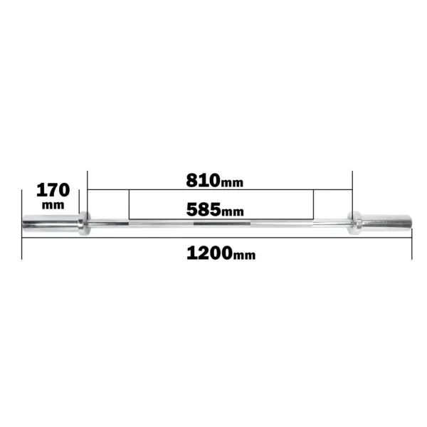Diagram of the Power Maxx 4ft Olympic Barbell with labeled dimensions: 1200mm total length, 170mm for each end section, 585mm for the center section, and a span of 810mm between end sections.