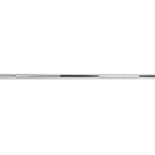 The Power Maxx 4ft Olympic Barbell, a straight silver metal bar, features a smooth central section with knurled grips on either side for handling against a white background.