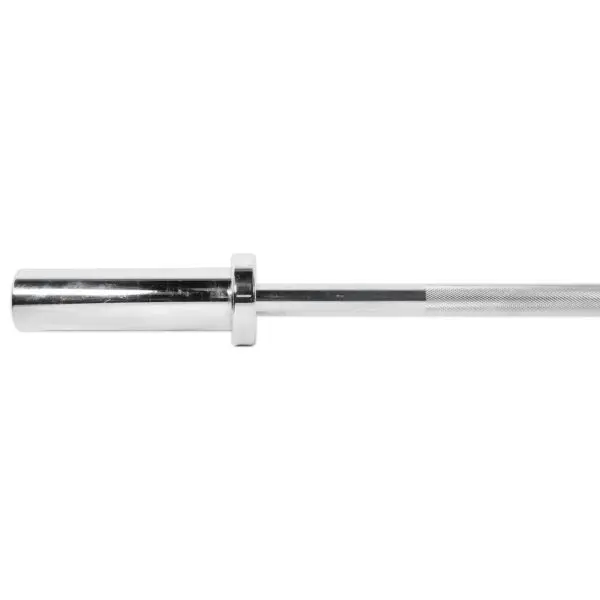 The Power Maxx 4ft Olympic Barbell features a metallic finish with a knurled grip and a shiny sleeve, set against a white background.
