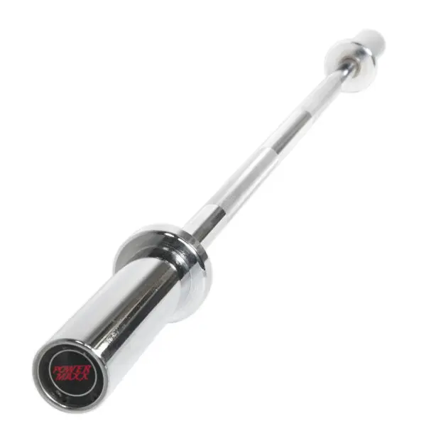 The Power Maxx 4ft Olympic Barbell is displayed at an angle with a shiny silver finish. Its circular ends, one embossed with a red POWER MAXX logo, and the bar features knurling for grip.