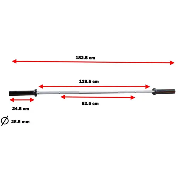 Introducing the Aluminium 7.5kg Technique Olympic Bar, featuring a total length of 182.5 cm with red arrows indicating dimensions: a center section of 128.5 cm, grip sections at 24.5 cm each, and a diameter of 28.5 mm. Its central grip area spans 82.5 cm, making it ideal for efficiently refining your lifting technique.