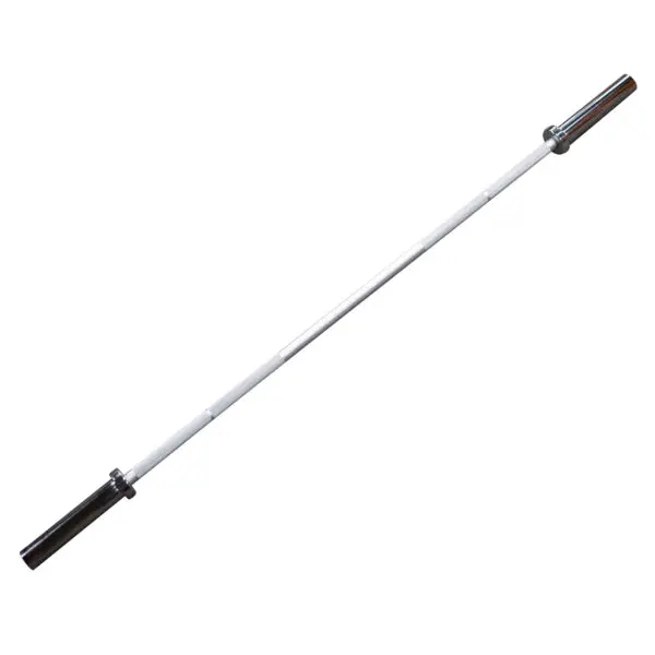 A long, straight Aluminium 7.5kg Technique Olympic Bar with rotating sleeves on both ends, designed for weightlifting exercises, is positioned horizontally against a white background.