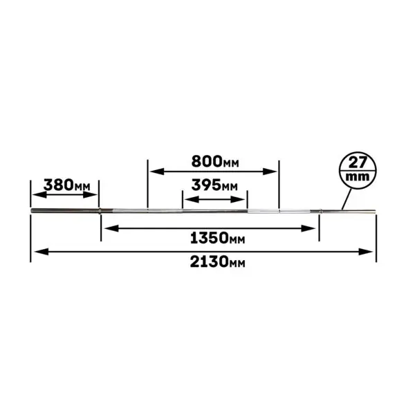 A diagram depicting the Power Maxx 8 Barbell Holder with a rectangular form featuring dimensions: length 2130mm, width 27mm, central section 1350mm, and side sections measuring 380mm and 395mm.