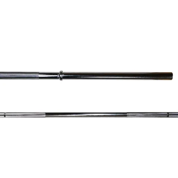 Power Maxx 8 Barbell Holder featuring two Olympic-style metal barbells on a white background, highlighting the grip and sleeve areas.