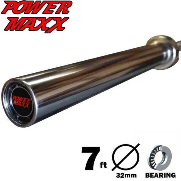 Close-up of a 7ft Olympic Barbell with a chrome finish; end cap shows Power Maxx logo. Text at bottom reads 32mm diameter and features bearing graphic.