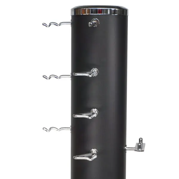The Power Maxx Wide Row Handle is a tall, cylindrical, black structure featuring multiple metal hooks on its side for holding items, topped with a shiny metallic finish.