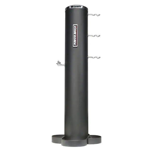 The Power Maxx Wide Row Handle is a tall, black cylindrical tower rack with side hooks for fitness equipment. It features a round base and displays the brand logo on the front.