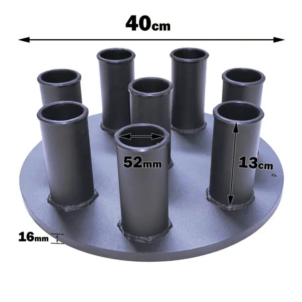 The Power Maxx 8 Barbell Holder features eight labeled nozzles, each 13 cm tall with a 52 mm diameter. Its circular base measures 40 cm in diameter and is 16 mm thick, depicted against a white background.