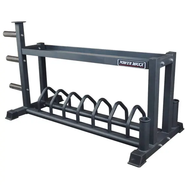 The Power Maxx Bumper & Barbell Rack is a sturdy black metal rack featuring bars for weight plates and sections for barbells, with the Power Maxx logo on one side, set against a white background.