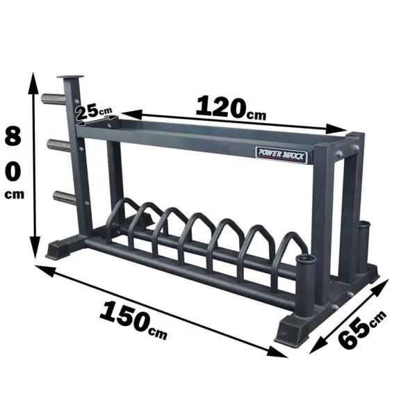 The Power Maxx Bumper & Barbell Rack features dimensions of 150 cm length, 65 cm width, and 80 cm height. It includes multiple horizontal bars for weights and additional vertical pegs on the side.