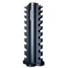 The Power Maxx Vertical Dumbbell Rack holds 10 pairs with a sleek black cylindrical design and grooves for secure storage. Its flat base ensures stability, while the branded logo near the top adds style, making it ideal for compact weight organization.