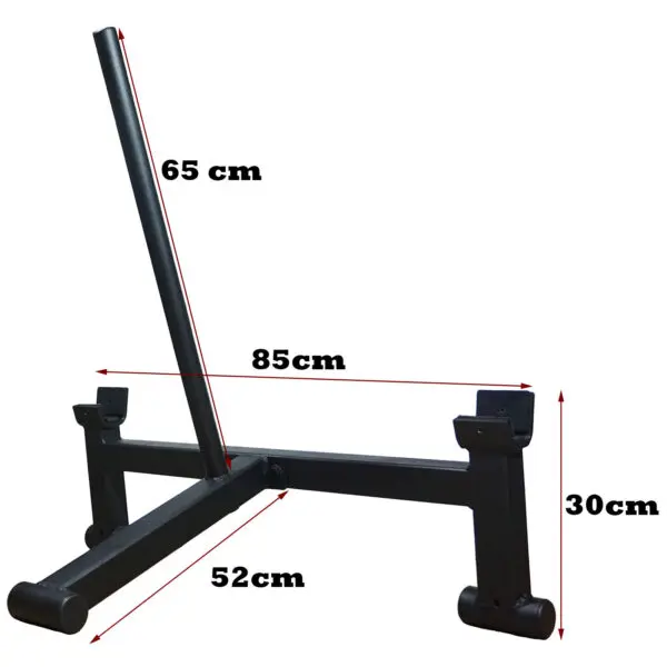 Image of black metal storage rack with vertical pole and base, featuring dimensions: 65 cm tall, 85 cm long, 52 cm deep, and 30 cm high.