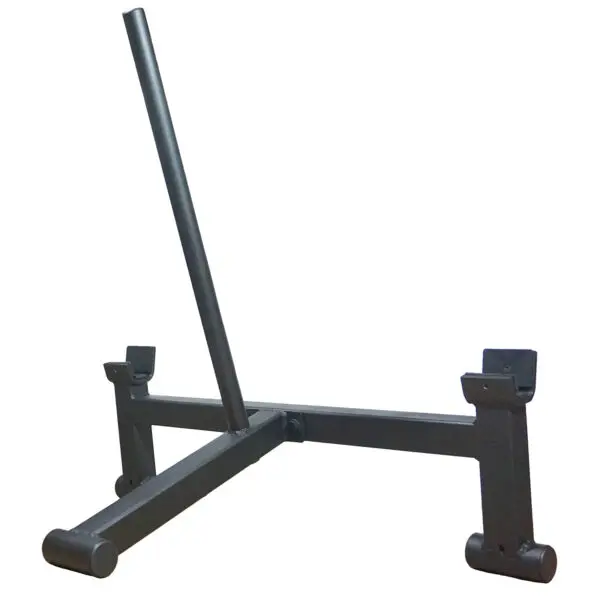 A black, metal log stand named Spud Looper Straps, features a sturdy base with two horizontal supports and an angled vertical pole for stability to hold logs securely.