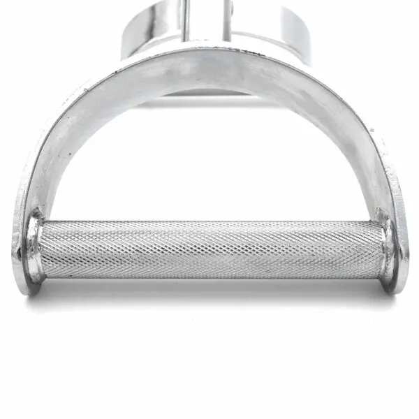 Close-up of the Power Maxx Wide Row Handle, a silver metal gym attachment for cable machines. It features a D-shaped design with a textured grip and shiny finish, ideal for strength training exercises.