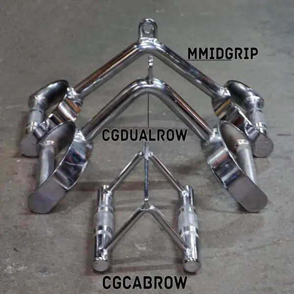 Three metal gym attachments on a concrete floor, labeled from top to bottom: Power Maxx Wide Row Handle, CGDUALROW, and CGCABROW. The attachments differ in design, offering various handle angles and grips.
