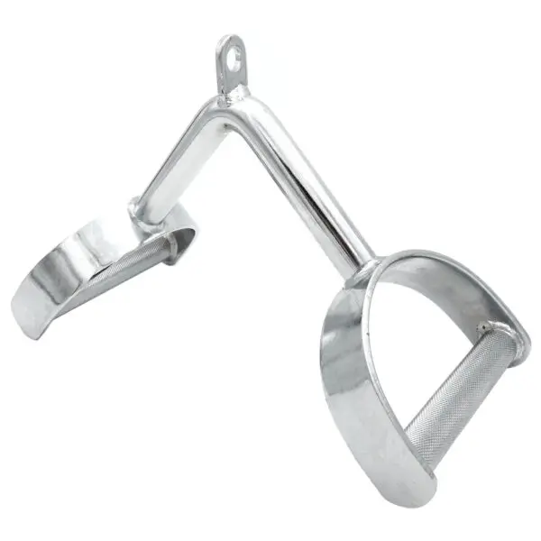 The Power Maxx Wide Row Handle is a silver metal exercise tool for cable machines, featuring two textured grip handles connected by an angled central bar, with each handle forming a loop.