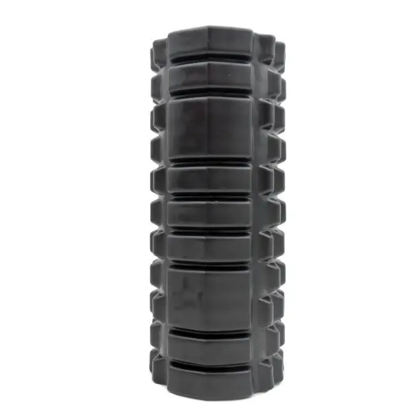 The Power Maxx EVA Foam Roller, in black, stands upright with a textured grid design featuring rectangular ridges and grooves ideal for muscle massage and physical therapy exercises.