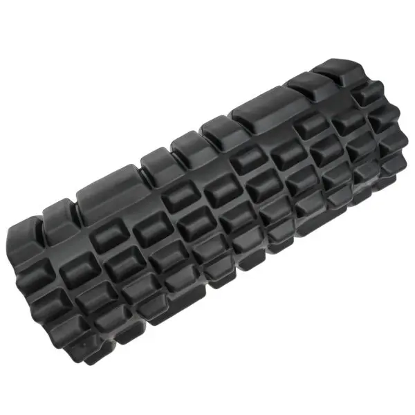 The Power Maxx EVA Foam Roller is a black cylindrical roller featuring a textured grid surface, ideal for muscle exercises and massage therapy, shown on a white background.