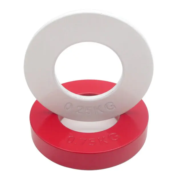 Two fractional plates from the Power Maxx Olympic 5kg Fractional Plate Set, one white (0.25 KG) and one red (0.75 KG), are stacked. Both have central holes for easy stacking and adjustments.