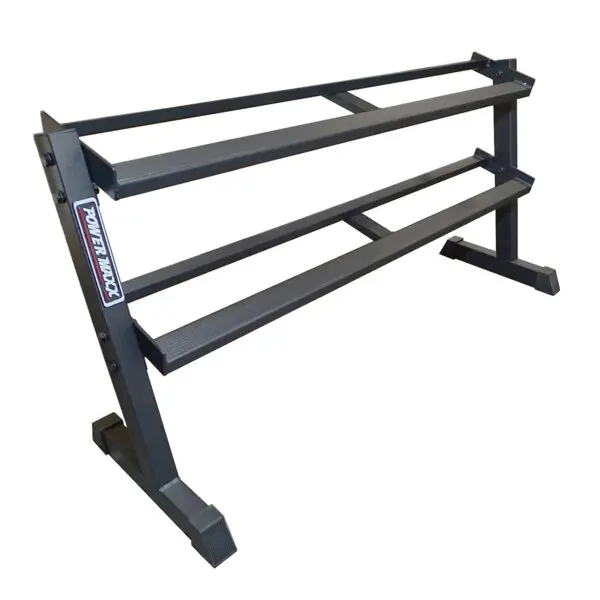 The 2 Tier Rubber Hex Dumbbell Rack, designed in black metal with sturdy legs and a minimalistic style, resembles a keyboard stand for electronic keyboards or synthesizers.