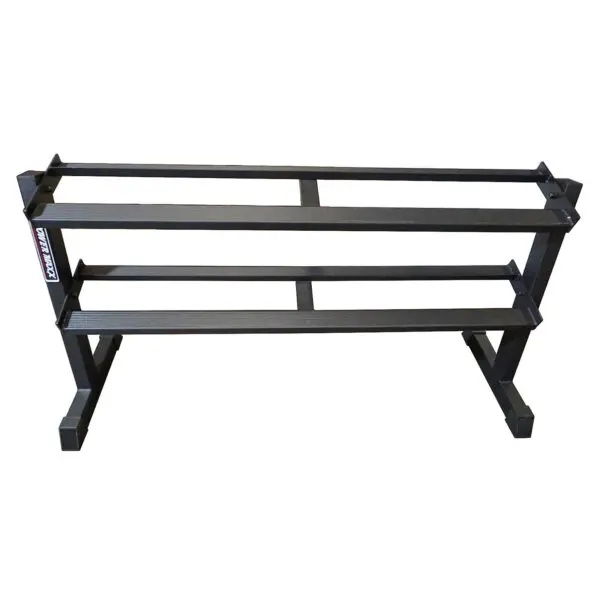 The 2-tier black metal keyboard stand, perfect for musical or audio equipment, mimics the design of the 2 Tier Rubber Hex Dumbbell Rack. Its sturdy minimalist frame provides adjustable height and width to keep gear organized and accessible.