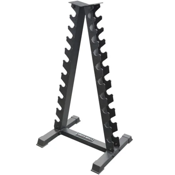 The sleek Power Maxx Vertical Dumbbell A Stand, featuring multiple slots for weights, stands in black against a crisp white backdrop.