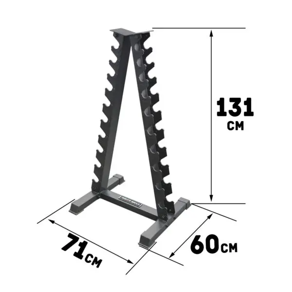 The Power Maxx Vertical Dumbbell A Stand is a black metal rack with nine slots per side, measuring 131 cm tall and featuring a 71 cm by 60 cm base, perfect for efficiently holding multiple dumbbell pairs.