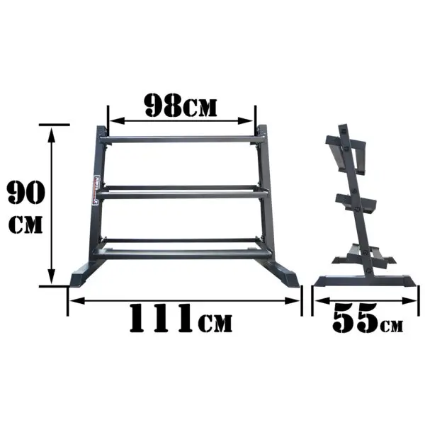 The Power Maxx Compact Hex Dumbbell Rack, designed for efficient dumbbell storage, is shown with dimensions: 98 cm width, 90 cm height, and 111 cm length; the side view highlights a depth of 55 cm.