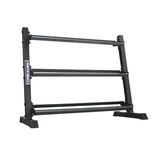 The Power Maxx Compact Hex Dumbbell Rack is a three-tier black metal rack showcasing the brand logo on the side. Its designed to hold various dumbbells, featuring a sturdy frame and set against a plain white background.