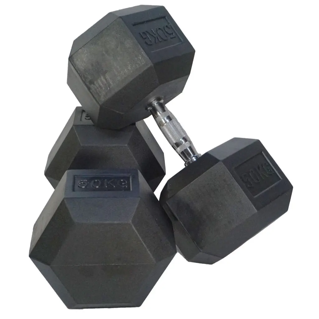 Three black hexagonal dumbbells stacked together, each labeled with 50KG on the end. The handles are metallic with a textured grip.