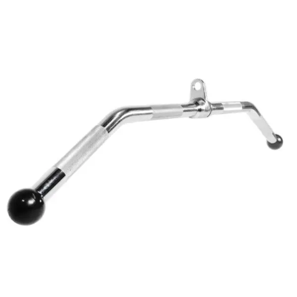 The Lat Pulldown Bar is a chrome gym attachment featuring a v-shaped design, two black rubber end caps, a textured grip for secure handling, and a central loop for connecting to fitness equipment.
