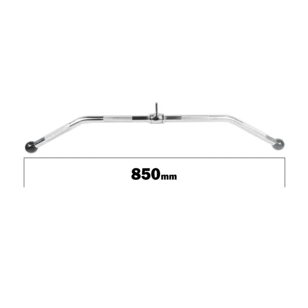 Image of the Lat Pulldown Bar, a long, metal gym attachment with a width of 850mm. It features rubberized grips on both ends and has a central attachment point.