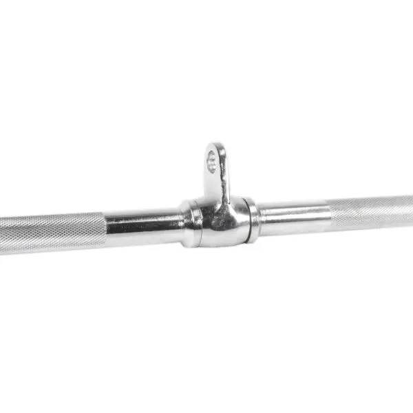 A Lat Pulldown Bar in silver metal with knurled grips and a central eyelet for cable attachment.