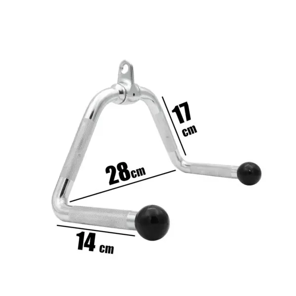 The Multi Purpose Exercise Bar is a metal handlebar for gym equipment, featuring two black spherical grips. It has a triangular shape with dimensions of 28 cm across the top, 14 cm at the base, and a height of 17 cm.