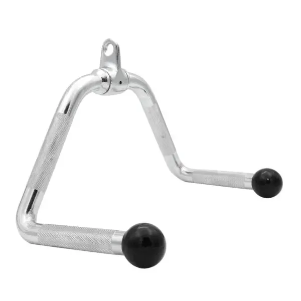 The Multi Purpose Exercise Bar is a steel, V-shaped tricep press down bar with knurled grips for stability and black rubber end caps for safety, designed for cable machines in fitness workouts.