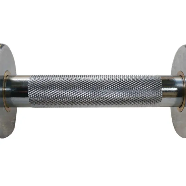 The Power Maxx Olympic Dumbbell Handles feature a close-up of a knurled metal handle for better grip, designed for weightlifting and exercise, with circular metal ends.