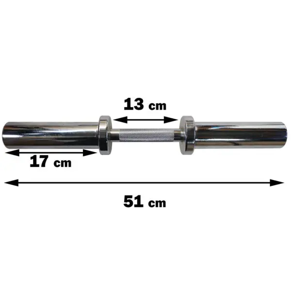 The Power Maxx Olympic Dumbbell Handle is a silver metal design featuring a 13 cm grip width, 17 cm length on each side, and a total length of 51 cm with a knurled texture for better grip.