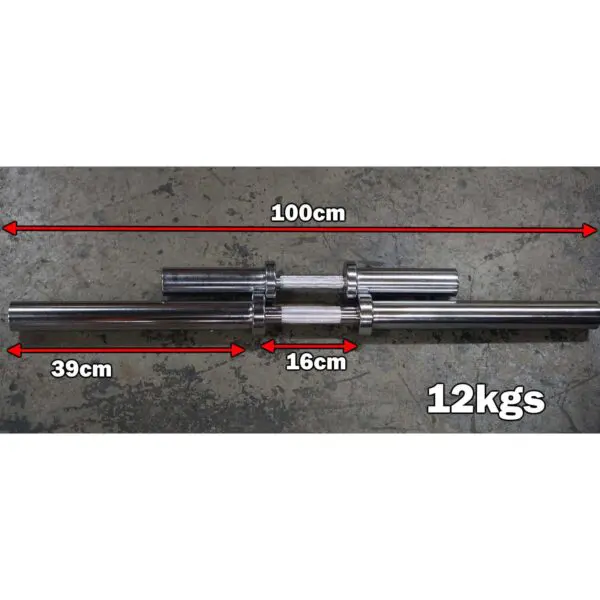 The Power Maxx Big Olympic Dumbbell Handle is a steel barbell with a total length of 100 cm, sections measuring 39 cm and 16 cm, and weighs 12 kg. Its displayed on a textured concrete floor.