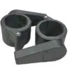 A pair of black plastic swivel cup holders with mounting brackets, designed for attachment to surfaces like Power Maxx Olympic Bar Clamps, featuring a cylindrical shape and a hinged arm for easy adjustment.