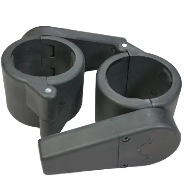 A pair of black plastic swivel cup holders with mounting brackets, designed for attachment to surfaces like Power Maxx Olympic Bar Clamps, featuring a cylindrical shape and a hinged arm for easy adjustment.