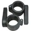 Two Power Maxx Olympic Bar Clamps, black plastic with circular openings, secures pipes or rods. Each clamp has a hinged latch for easy fastening and release. The clamps sit side by side on a white background.