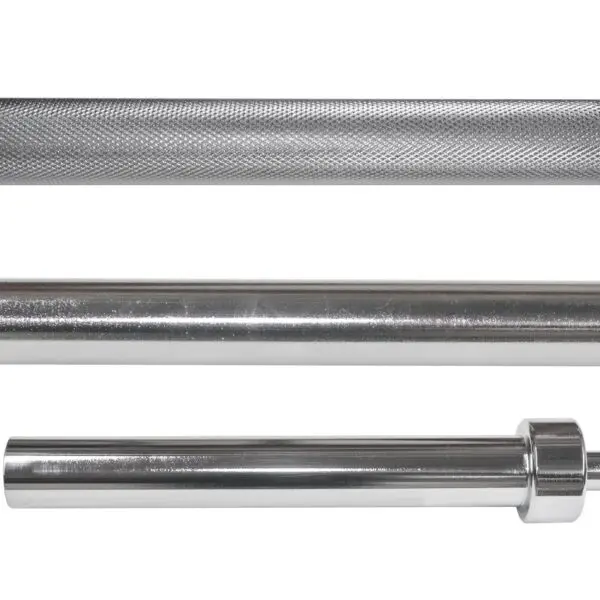 Close-up of the Power Maxx Olympic Hip Thrust Barbell shows sections with knurling for grip at the top, a smooth middle section, and a thicker bottom end designed to securely hold weight plates.