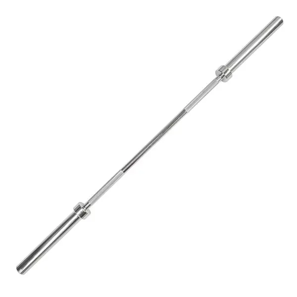The Power Maxx Olympic Hip Thrust Barbell, featuring a long metallic design with smooth cylindrical ends, is displayed on a white background.