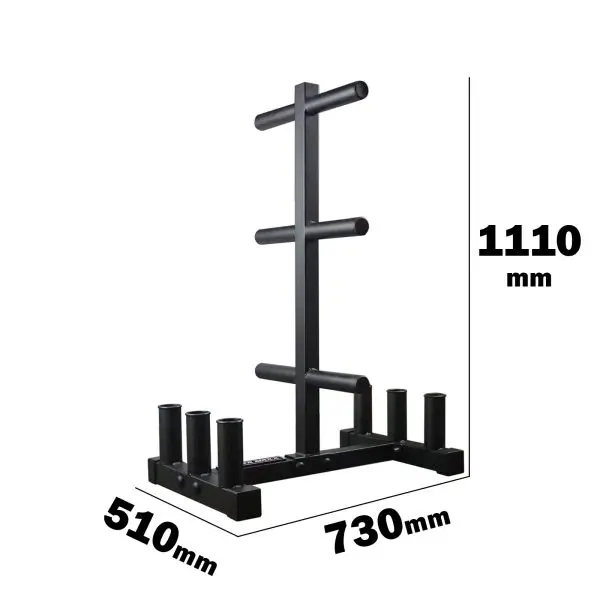 A black, vertical weight plate rack with five storage pegs. Dimensions are shown: 1110mm tall, 730mm wide, and 510mm deep. Suitable for organizing weight plates in gyms or fitness spaces.