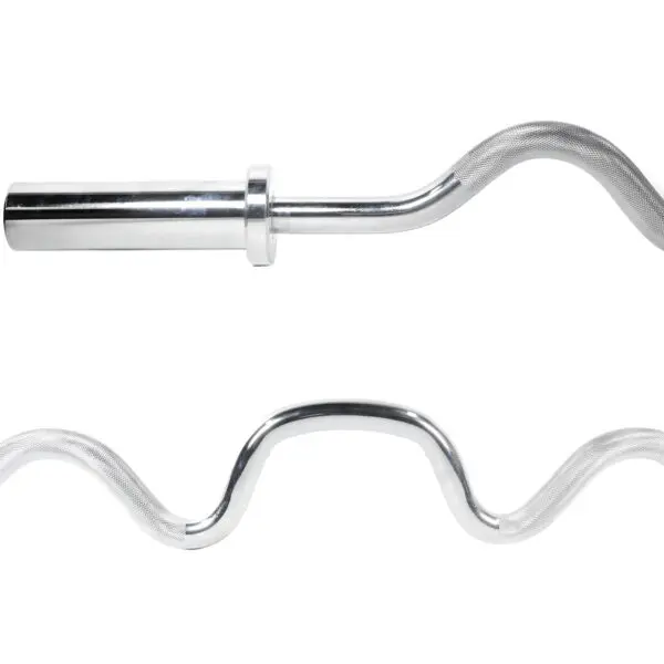 Close-up of the Olympic Super Curl Bar with a shiny, metallic finish and zigzag pattern. Its smooth grip area makes it ideal for exercises like bicep curls and tricep extensions.