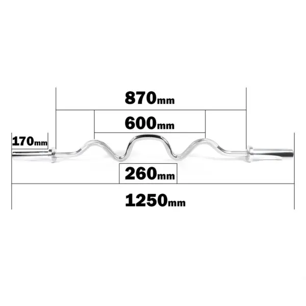 The Olympic Super Curl Bar features a sleek chrome finish with a total length of 1250mm, main curvature of 870mm, inner section of 600mm, grip area of 260mm, and polished ends measuring 170mm for optimal performance.