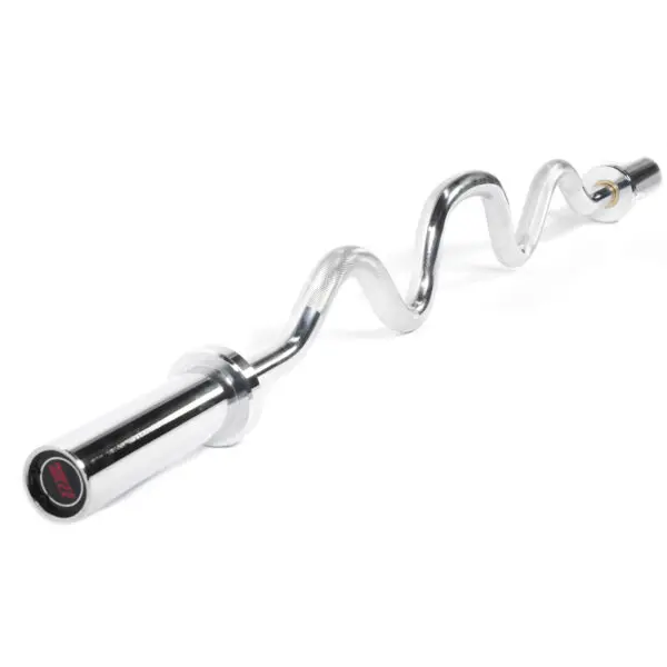 The Olympic Super Curl Bar, chrome-colored with a wavy design, is ideal for lifting exercises. It features spinning sleeves at both ends for easy weight plate attachment and showcases a shiny finish.