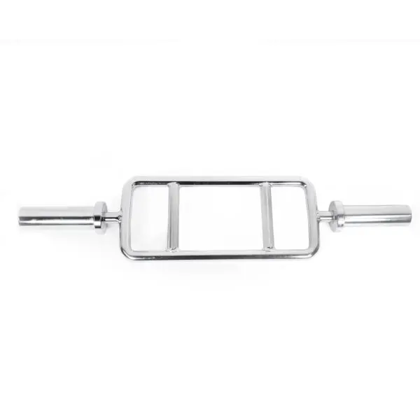 A close-up view of the Power Maxx Olympic Tricep Barbell on a white background, showcasing its silver hexagonal design with a rectangular grip center and cylindrical ends for weight attachment.