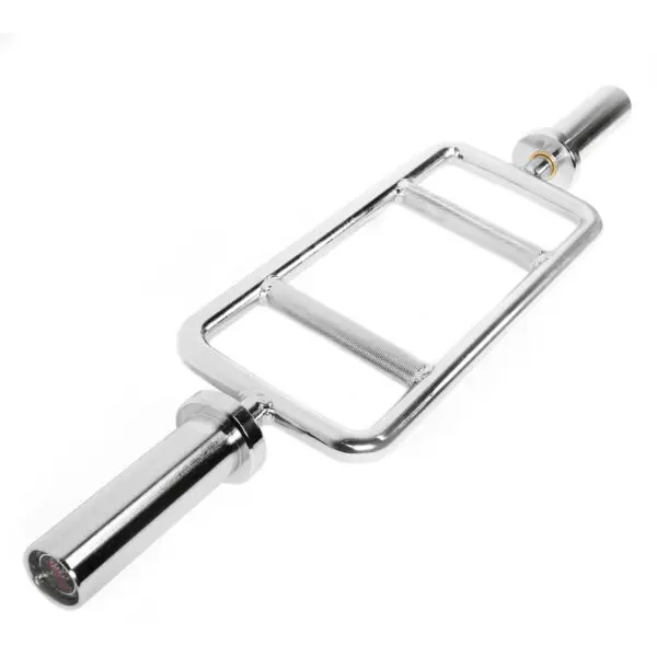 The Power Maxx Olympic Tricep Barbell is a chrome-plated bar with a rectangular center and two parallel grip handles. It includes cylindrical sleeves at each end for attaching weight plates, making it ideal for strength training and fitness exercises.