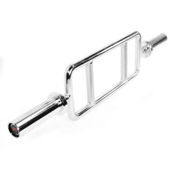 The Power Maxx Olympic Tricep Barbell is a silver, rectangular weightlifting bar featuring two parallel grips in the center, perfect for tricep extensions and hammer curls.